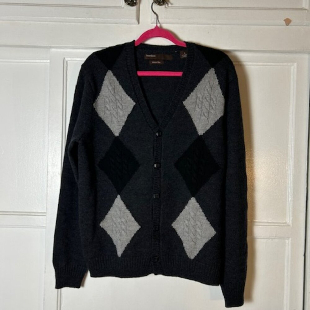 Perry Ellis Argyle Merino Wool Sweater Gray Black Small Preppy Smart